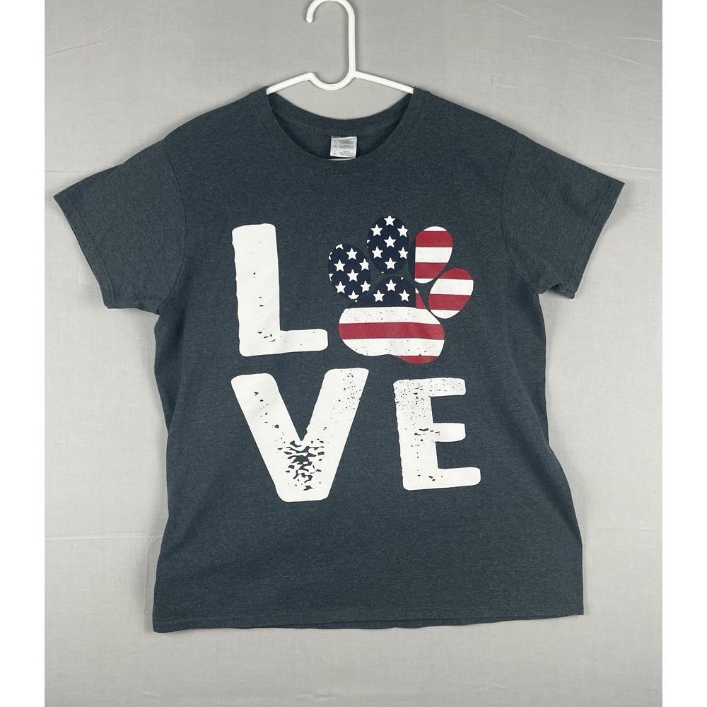 Gildan T Shirt Womens Large Gray Short Sleeve Love American Flag‎ Bear Paw Tee